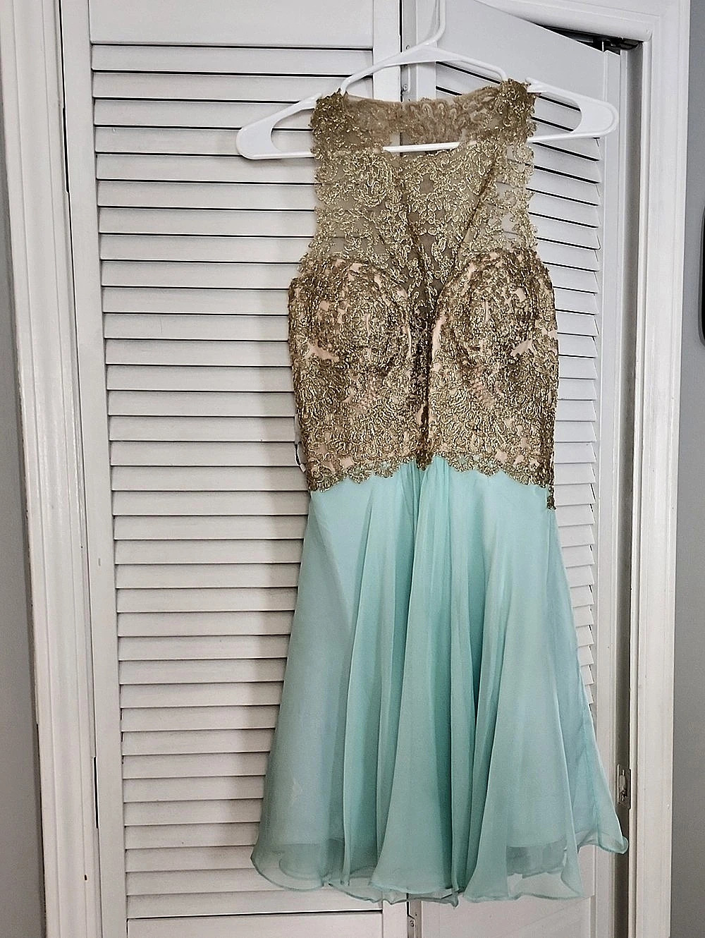 BLUSH Gold Lace Bodice Blue Midi Dress